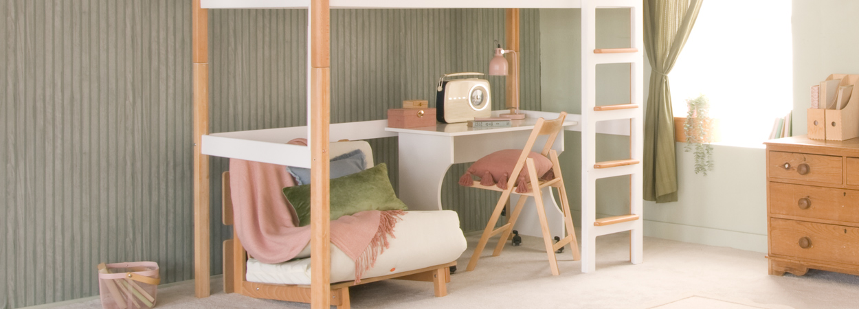 EDIT HIGH SLEEPER LOFT BED WITH DESK AND FUTON CHAIR BED