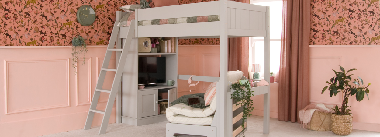 FARGO HIGH SLEEPER LOFT BED WITH FUTON AND MEDIA STORAGE CABINET