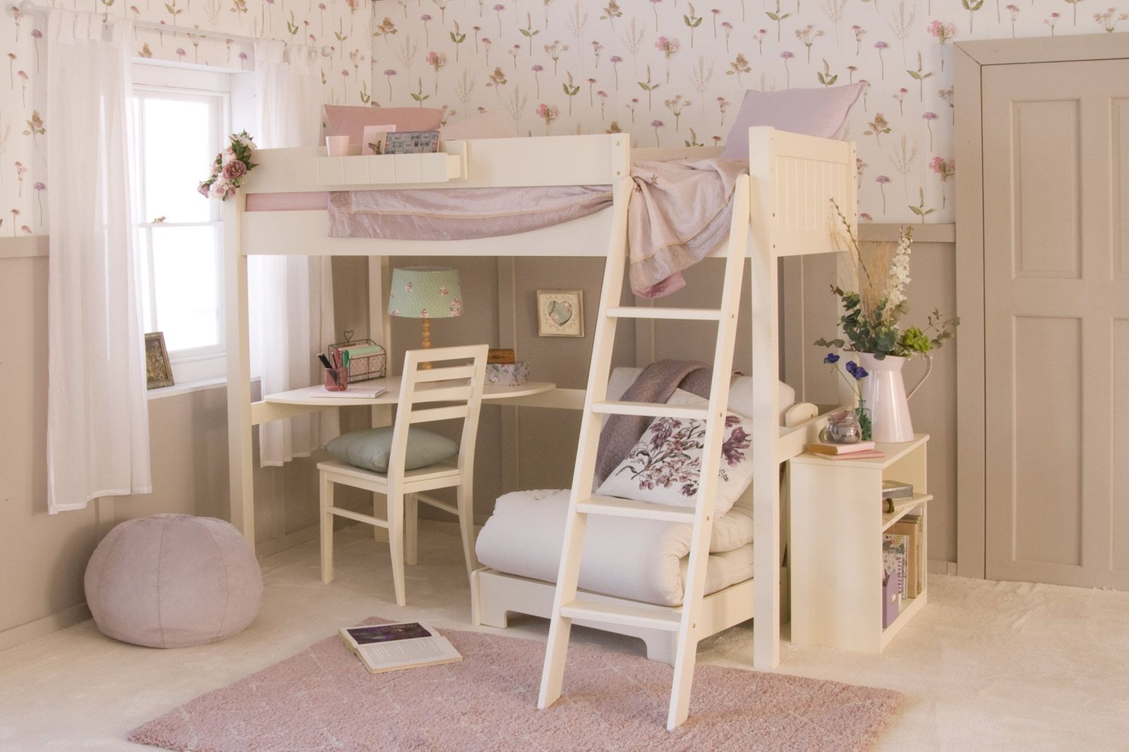 Fargo High Sleeper Loft Bed with Futon Corner Desk in Ivory White
