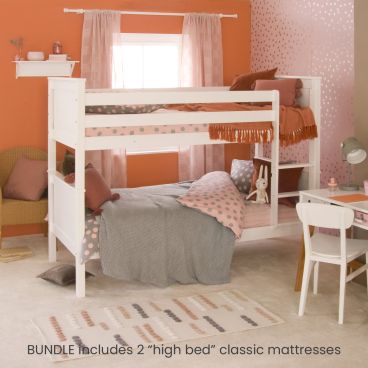 white classic beech detachable bunk bed with grey, pink and orange bedding and pink and orange bedroom walls 