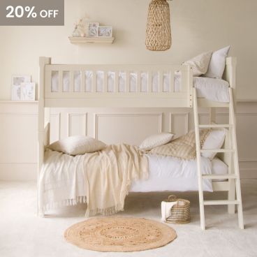 Cream, traditional bunk bed in Scandi, Japandi girls bedroom 