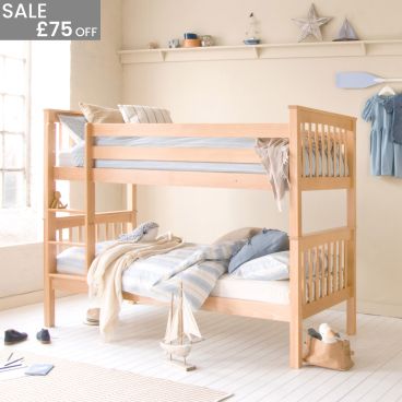 natural beech bunk bed with fixed ladder in seaside nautical themed bedroom for kids 