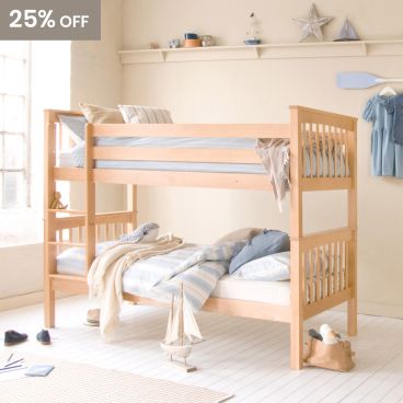 natural beech bunk bed with fixed ladder in seaside nautical themed bedroom for kids 