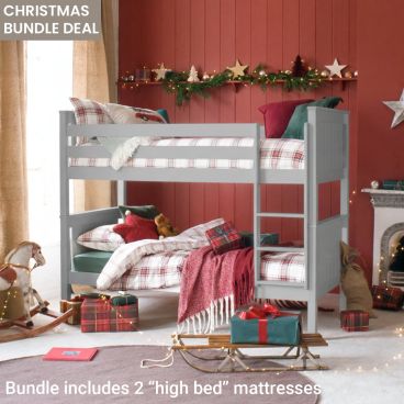 grey traditional bunk bed with red cushions and blankets, vintage transport themed bedroom 