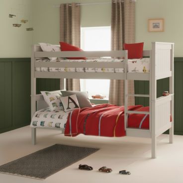 grey traditional bunk bed with red cushions and blankets, vintage transport themed bedroom 