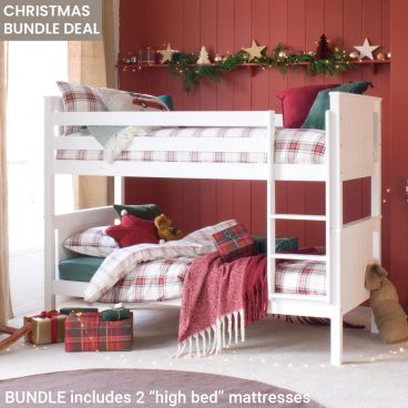 white classic beech detachable bunk bed with grey, pink and orange bedding and pink and orange bedroom walls 