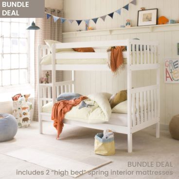 White bunk with ranch style ends and a fitted upright ladder, in a neutral bedroom with orange and blue accessories