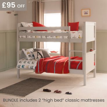 grey traditional bunk bed with red cushions and blankets, vintage transport themed bedroom 