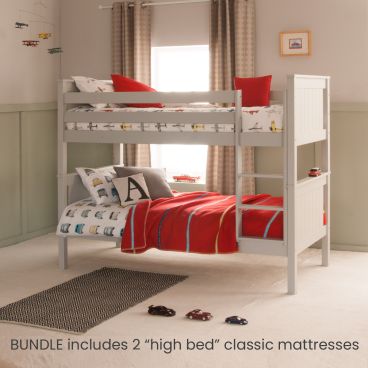 grey traditional bunk bed with red cushions and blankets, vintage transport themed bedroom 