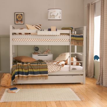 Dividing Classic Beech bunk bed, dove grey, with luxury storage trundle on multidirectional castors