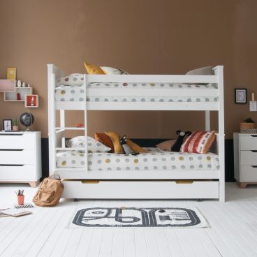 Classic White Beech bunk bed with a trundle in a retro styled bedroom
