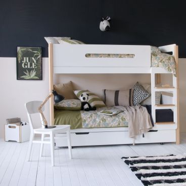 Natural beech and white 2 tone bunk bed with cut out in the front, black and beige wall and jungle art 