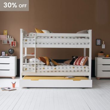 White Classic Beech bunk bed with retro styling and 2 chests of drawers. 