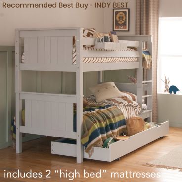 grey bunk bed with slatted ends, hook on shelf, in travel themed bedroom 
