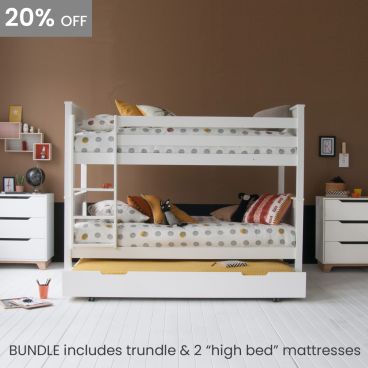 Classic Beech Bunk Bed, Trundle & Mattresses Bundle - Pure White