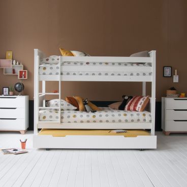 White Classic Beech bunk bed with retro styling and 2 chests of drawers. 