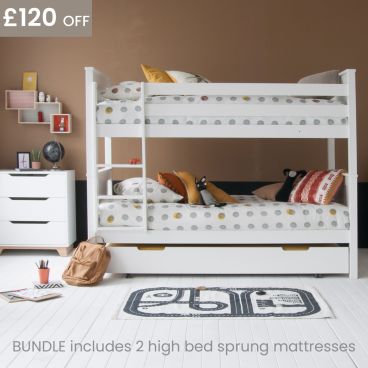 Classic Beech Bunk Bed, Trundle & Mattresses Bundle - Pure White