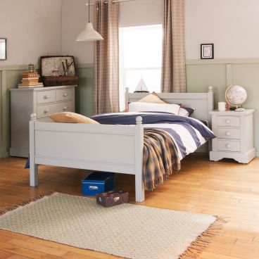 Child's solid small double bed, Fargo, in Farleigh Grey, with matching chest of drawers and bedside.