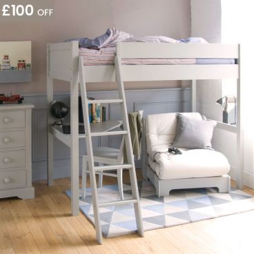 Fargo high sleeper bed, with futon chair, corner desk. Chest of drawers and vintage car theme bedroom