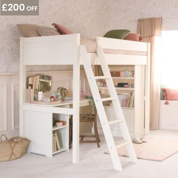Painswick Blue Loft Bed with storage underneath. Lots of books in bookshelf, planet themed print on wall, pink chest,  and mustard yellow curtains and lamp