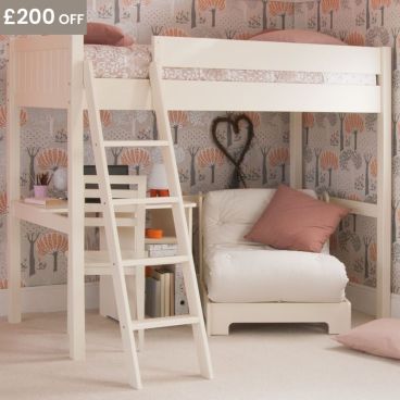 Fargo High Sleeper Loft Bed with Futon and Storage Desk in Ivory White