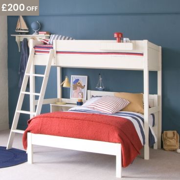 white double loft bunk bed ivory white with blue wall and boat themed bedroom