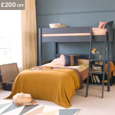 painswick blue high sleeper double loft bed with lower foot end and storage underneath, with mustard blanket and curtains