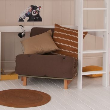 kids brown fold out futon with beech legs and cushions on top