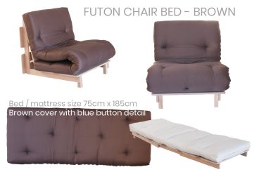 brown and beech futon chair bed for kids, shown as chair and bed