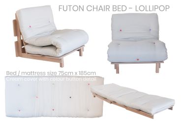 cream futon chair bed with multicoloured buttons