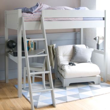 Light grey bunk bed with corner desk and futon underneath, in neutral bedroom 