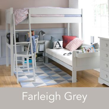 grey high sleeper bunk bed with day bed, corner desk and storage bookcase