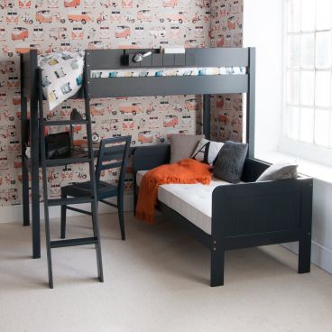 Little Folks Furniture bunk bed with a sofa bed underneath and corner desk, in navy and orange teen bedroom