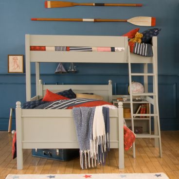 Boys high bed with double bed and bookcase underneath in grey. Nautical theme