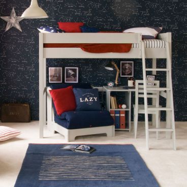 zodiac themed wallpaper with grey loft bed in front, blue futon chair and storage desk and chair to the right. Blue, red and grey bedroom scheme.