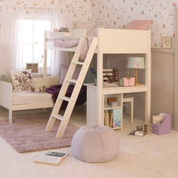 Ivory white high sleeper loft bed with a sofa bed and desk underneath with storage 