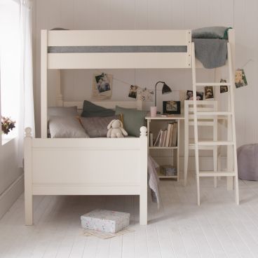 Pretty cottage style bedroom with classic loft bed, single bed and desk underneath