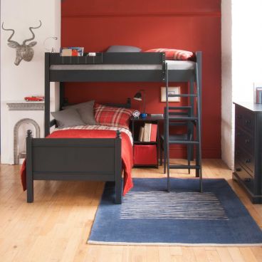 Blue High sleeper loft bed with a single bed and storage desk underneath 