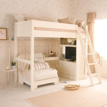 Ivory White High Sleeper Loft bed with futon chair bed and storage bookcase with television in 