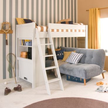 white loft bed with green sofa bed underneath and pink and green cushions, against a beige panelled and wallpaper wall