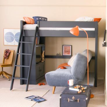 navy blue teenage bed high sleeper with blue sofa bed underneath and media cabinet, orange floor lamp and accessories