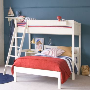 white double loft bunk bed ivory white with blue wall and boat themed bedroom