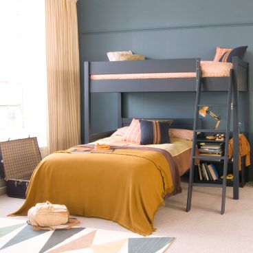 painswick blue high sleeper double loft bed with lower foot end and storage underneath, with mustard blanket and curtains