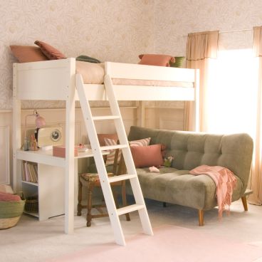 green sofa with desk underneath high sleeper bunk bed in bedroom with wallpaper and panelling 