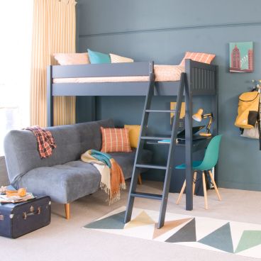 High sleeper bunk bed with orange and teal bedding, a blue sofa bed underneath and a storage desk in the end of the bed.