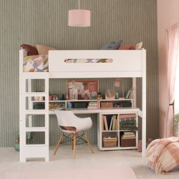 Study loft bed with desk and storage underneath in green panelled bedroom with arts and crafts on desk.