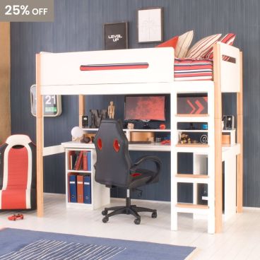 White Loft bed with lozenge cut out and natural legs. Set up as a gaming teenage  bedroom, with two screens on desk underneath and comfy gaming chair at the side