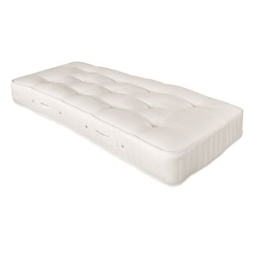 premium, natural wool single size, pocket sprung mattress with tufting and handles 
