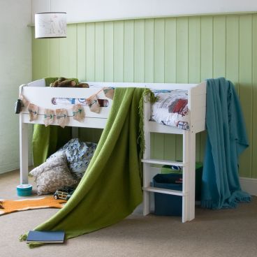 White mid sleeper cabin bed for kids+wide treads ladder, in green+blue bedroom