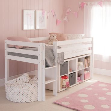 Classic white mid sleeper bed, with storage bookcases underneath in a pink panelled bedroom with bunting and beanbag